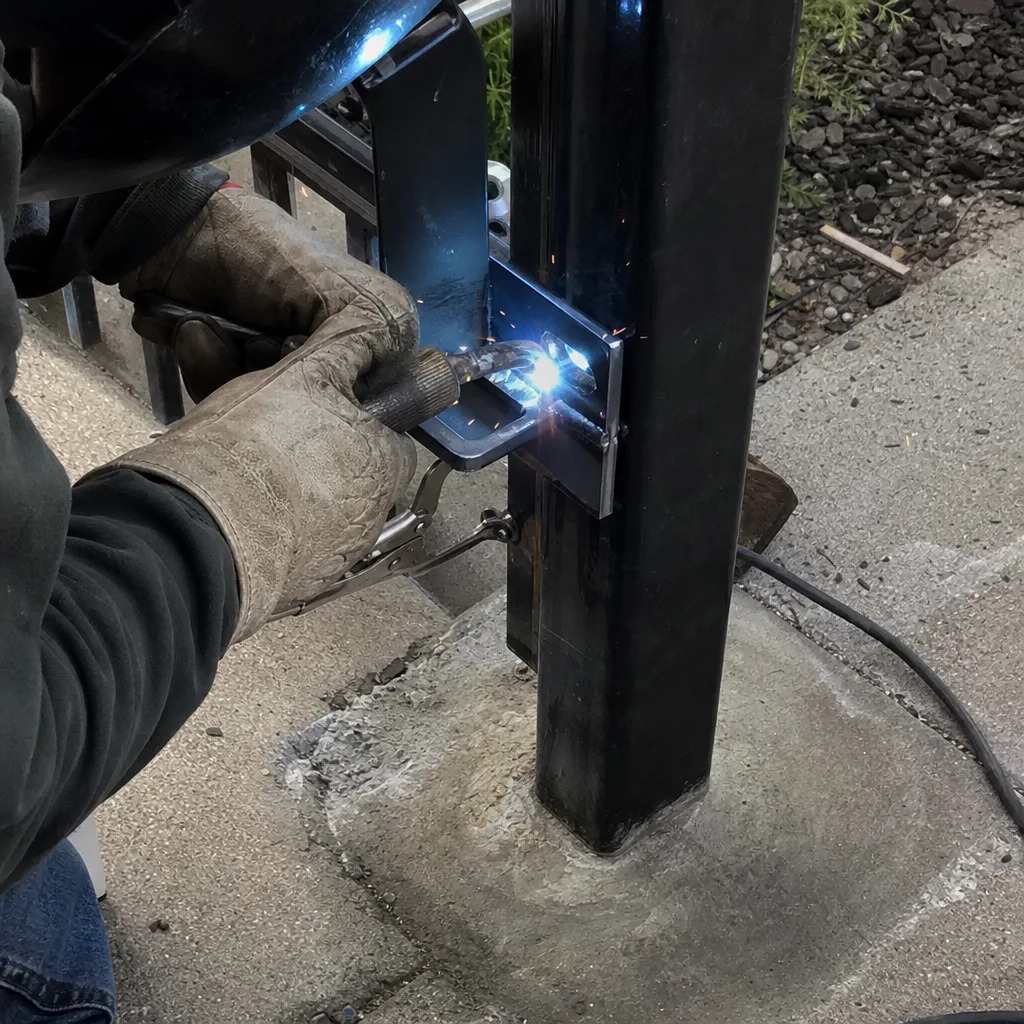 Professional welding a metal gate bracket onto a post