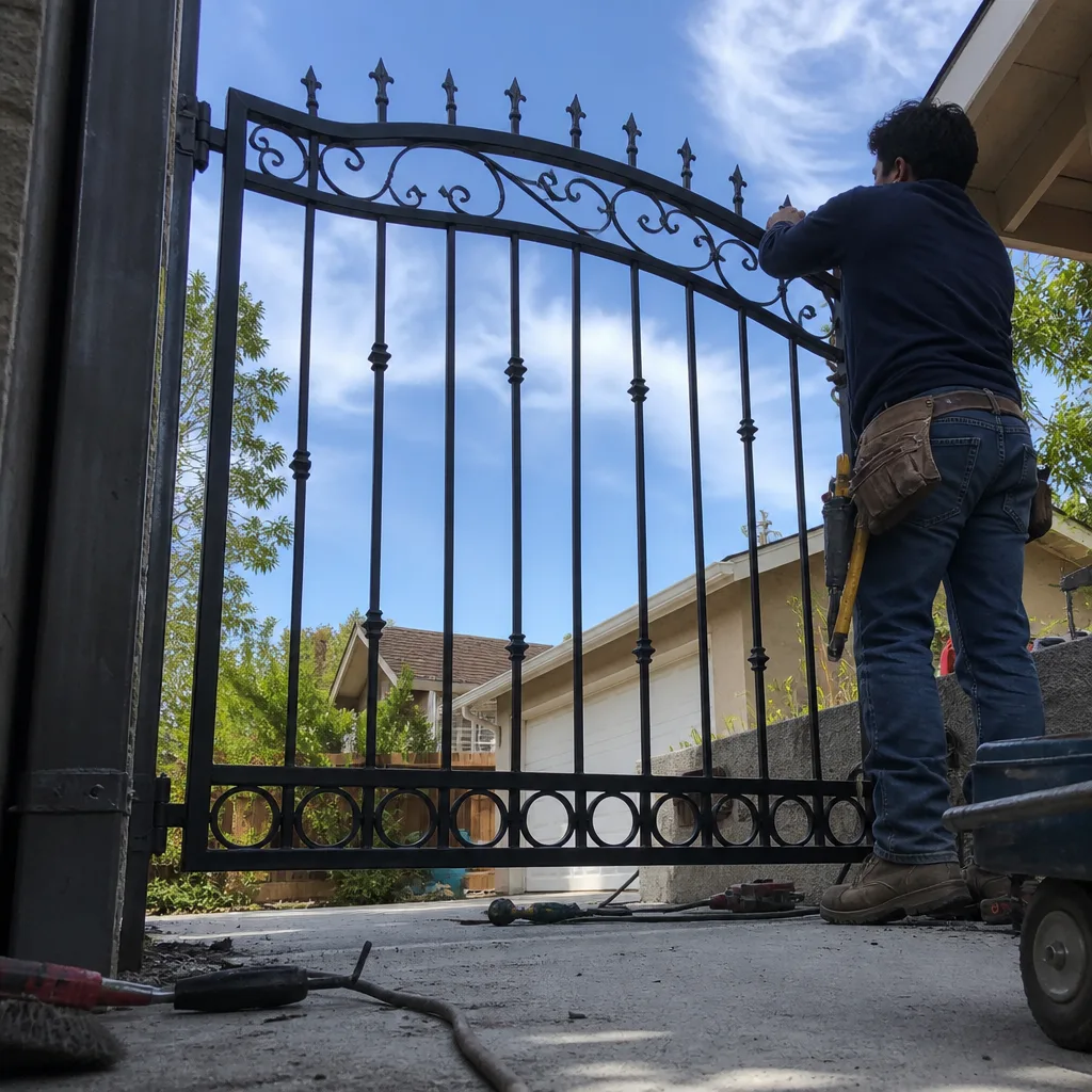 Professional contractor installing a custom wrought iron gate on a driveway