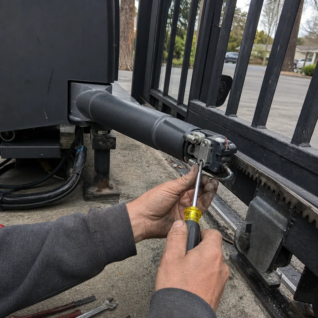 Technician performing professional maintenance and repair on a sliding gate motor operator.
