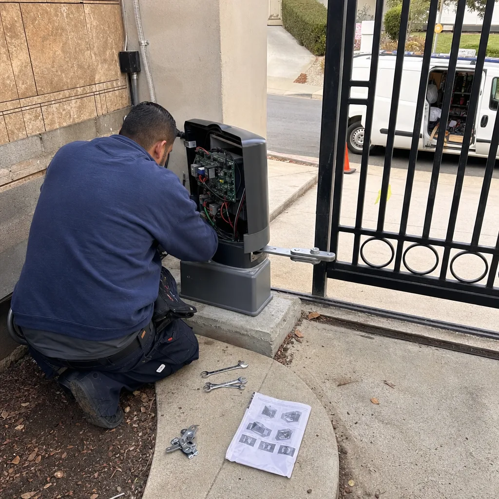 Technician performing automatic gate motor and opener repair and maintenance.