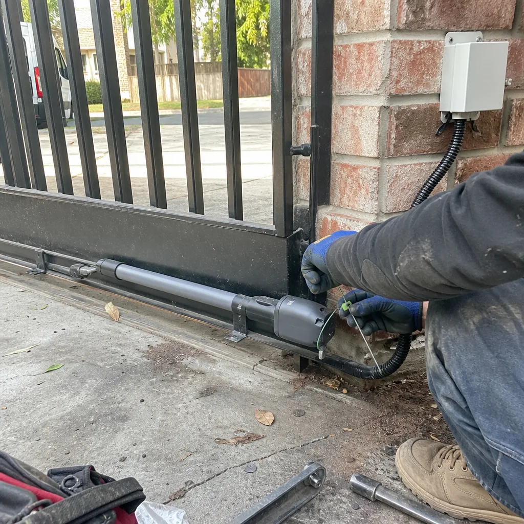 Technician performing automatic gate motor and opener maintenance repair