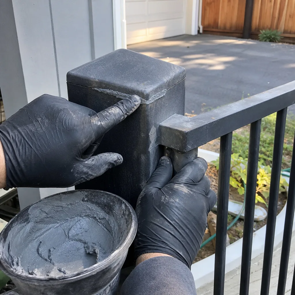 Professional repairing a metal gate post with sealant