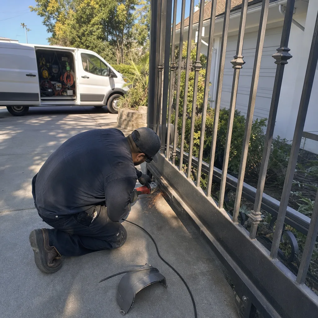 Technician using a power grinder to repair an ornamental metal gate